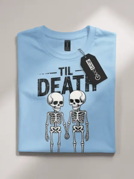 light blue flatlay front – bold Til Death print gothic skeleton couple t-shirt