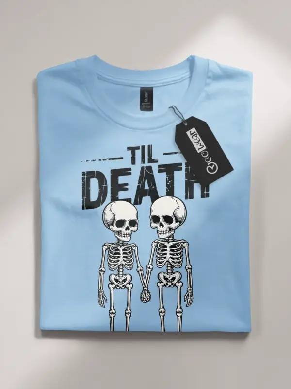 light blue flatlay front – bold Til Death print gothic skeleton couple t-shirt