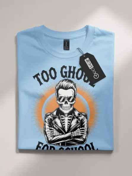 light blue flatlay front – retro skeleton graphic funny skeleton biker t-shirt