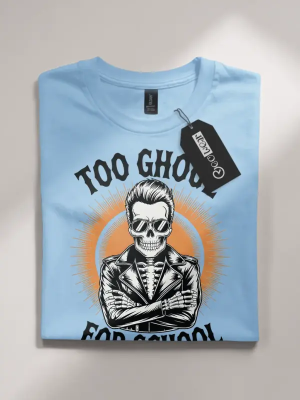 light blue flatlay front – retro skeleton graphic funny skeleton biker t-shirt