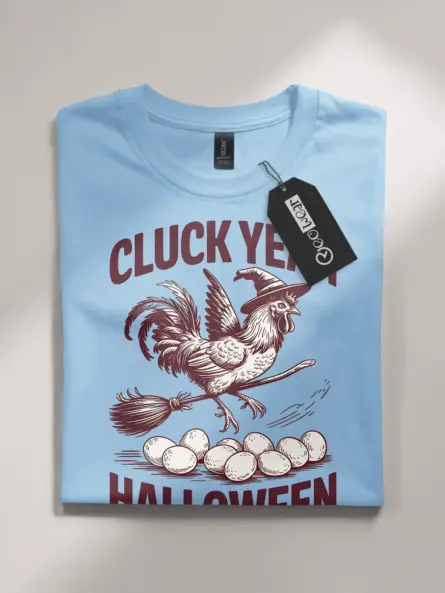 light blue flatlay front – Cluck Yeah Halloween vintage chicken witch Halloween shirt