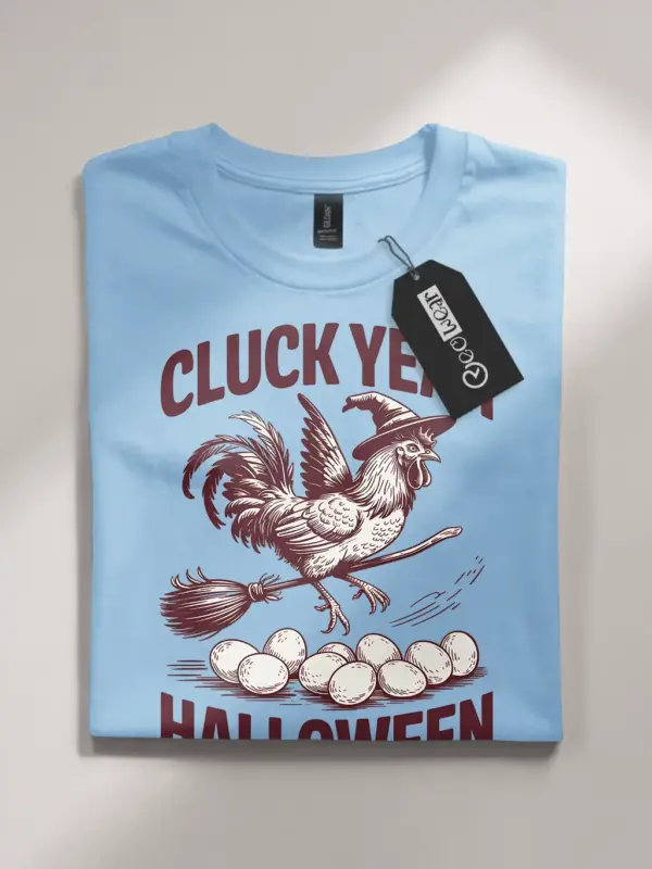 light blue flatlay front – Cluck Yeah Halloween vintage chicken witch Halloween shirt