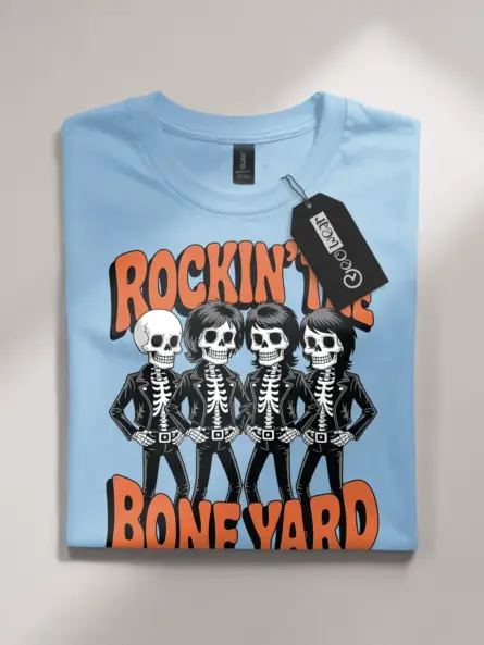 light blue flatlay Shirt Front View – Rockin the Bone Yard Vintage Skeleton Rock Band T-Shirt