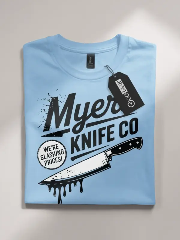 light blue flatlay Shirt Front View – Vintage Slasher Knife T-Shirt