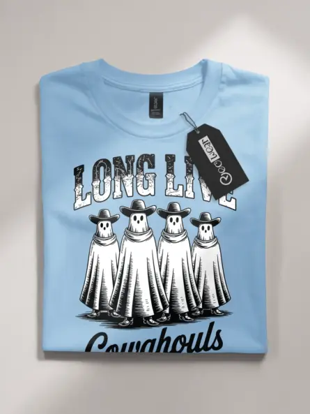 light blue flatlay front – vintage western ghost cowboy t-shirt with ghost cowgirls