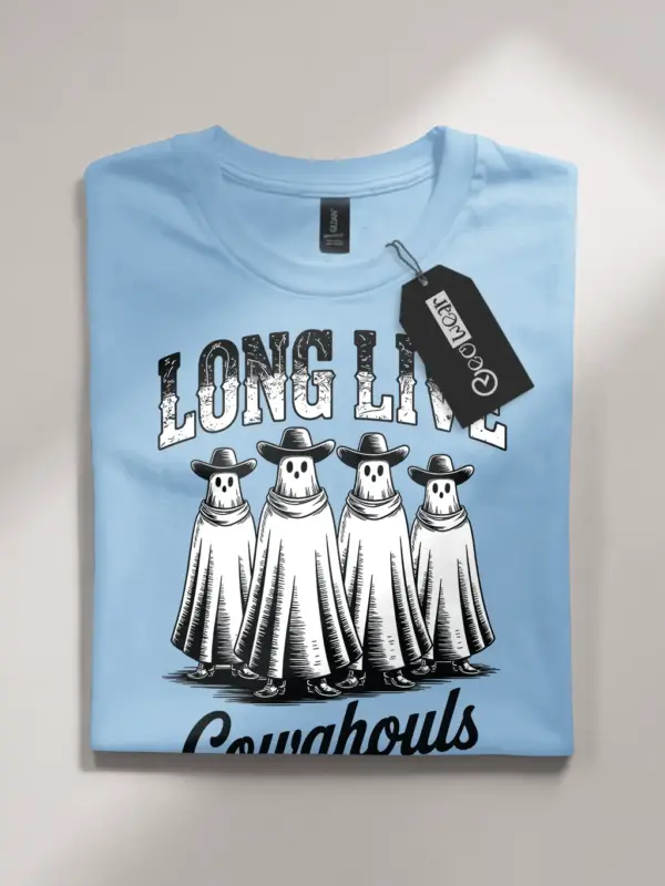light blue flatlay front – vintage western ghost cowboy t-shirt with ghost cowgirls