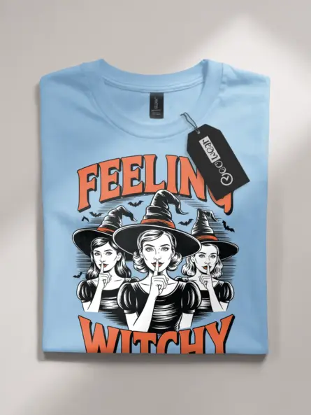 front – vintage witchcore Halloween shirt with Feeling Witchy text light blue flatlay