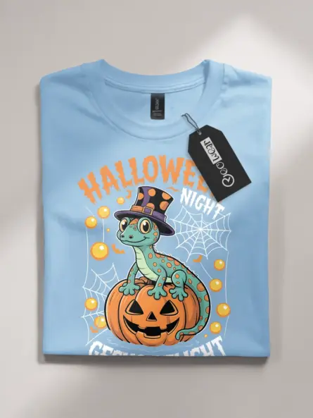 light blue flatlay shirt front view - cartoon gecko - gecko halloween t-shirt