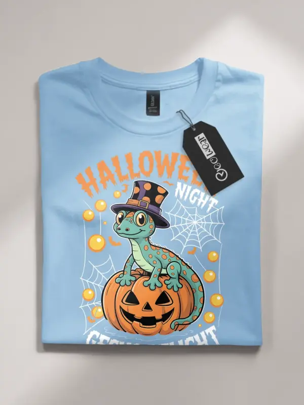 light blue flatlay shirt front view - cartoon gecko - gecko halloween t-shirt