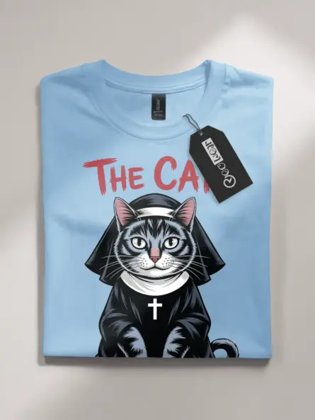 light blue flatlay dark humor cat tee – gothic cat nun shirt