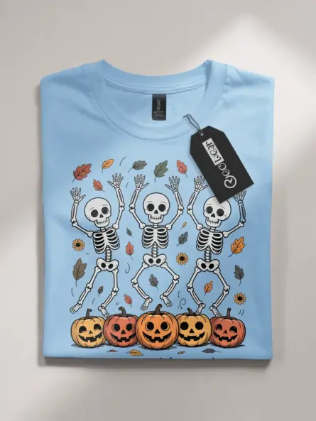 Whimsical Dancing Skeleton Fall Shirt – Cozy Autumn Leaves Tee - Image 4