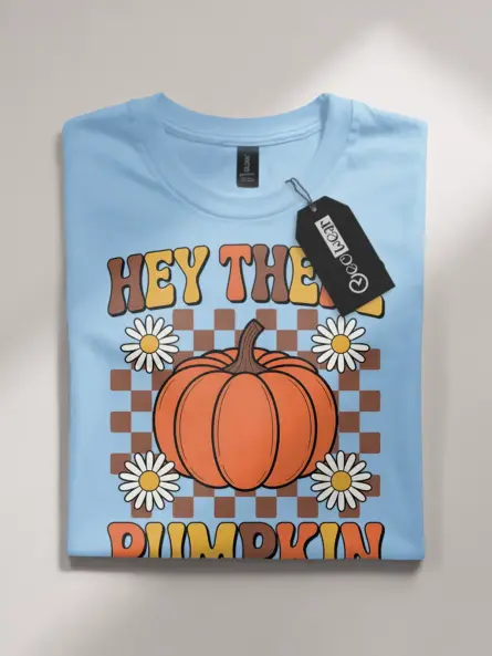 Hey There Pumpkin Shirt – Retro Fall Tee with Checkered & Daisy Design - Image 4