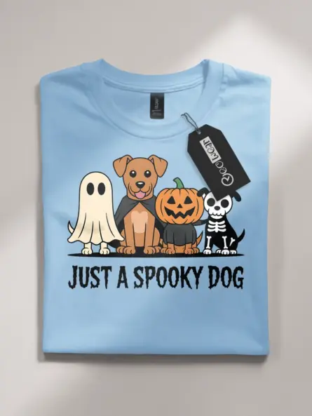 light blue flatlay front – Halloween Skeleton Dog Shirt – spooky dog halloween t-shirt