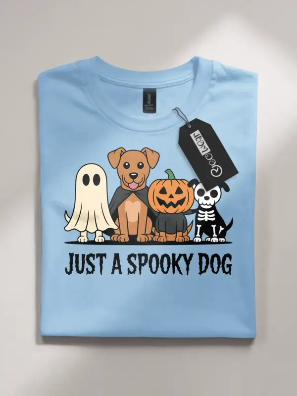 light blue flatlay front – Halloween Skeleton Dog Shirt – spooky dog halloween t-shirt
