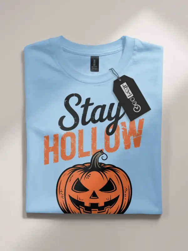 light blue flatlay front – Stay Hollow pumpkin graphic on vintage Halloween t-shirt
