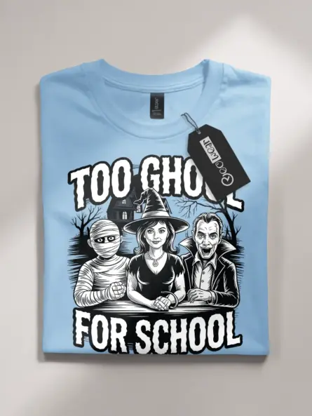 light blue flatlay too ghoul for school t-shirt front view – classic halloween monster mash tee