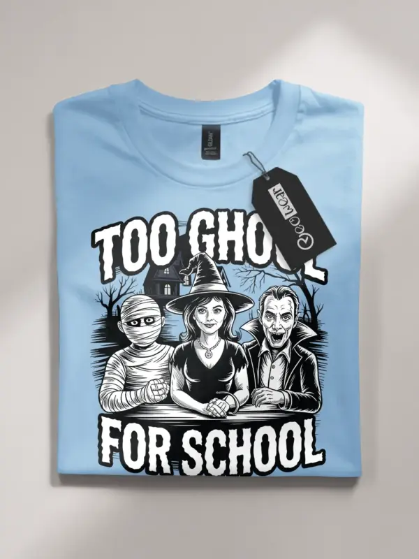 light blue flatlay too ghoul for school t-shirt front view – classic halloween monster mash tee