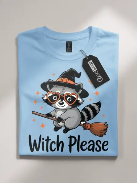 light blue flatlay front – Sassy Witch Please Tee – witch please raccoon t-shirt