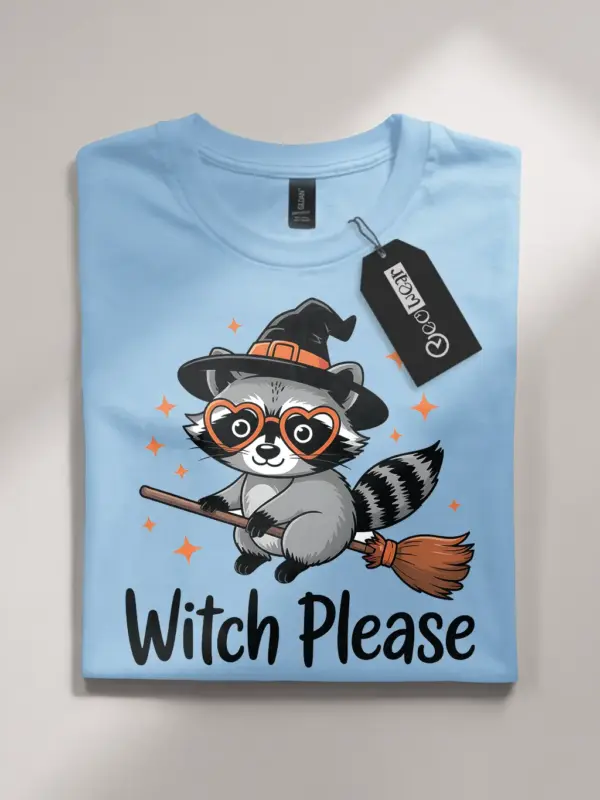 light blue flatlay front – Sassy Witch Please Tee – witch please raccoon t-shirt