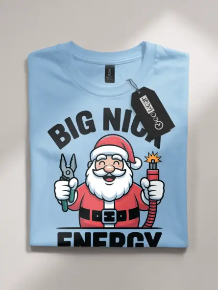 Light Blue Big Nick Energy Shirt – Santa with tools t-shirt, holiday work shirt