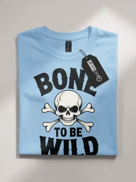 light blue flatlay bone to be wild biker halloween shirt front view