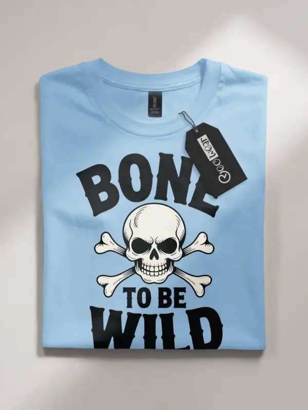 light blue flatlay bone to be wild biker halloween shirt front view