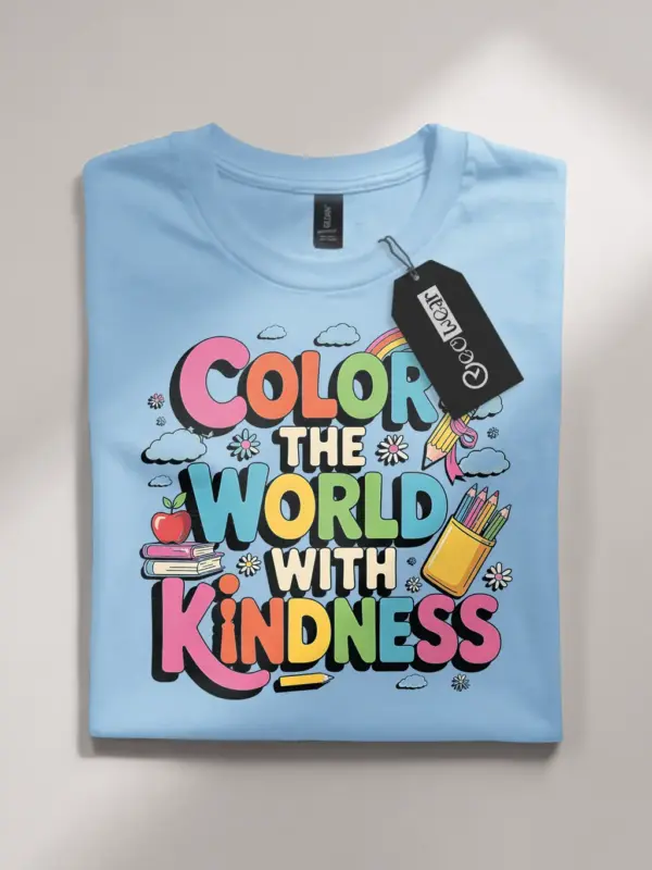 light blue flatlay color-the-world-with-kindness-t-shirt color the world with kindness t-shirt