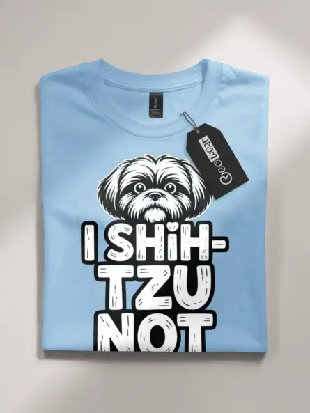 light blue flatlay folded – navy cartoon Shih Tzu t-shirt folded gift for dog moms