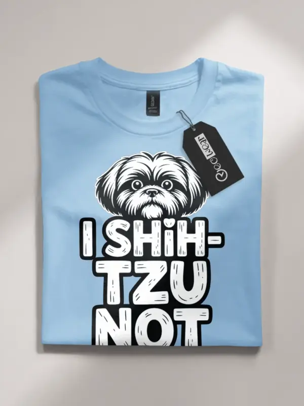light blue flatlay folded – navy cartoon Shih Tzu t-shirt folded gift for dog moms