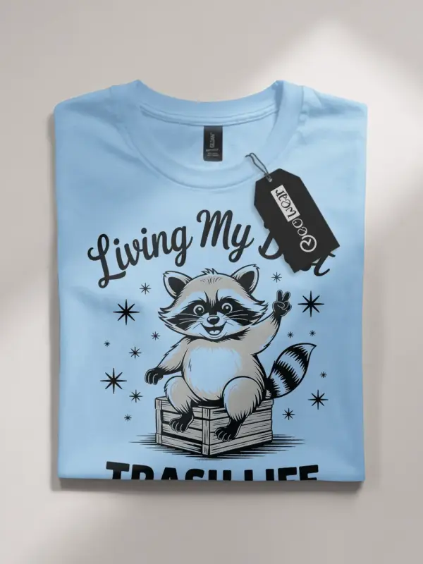 light blue flatlay Shirt Front View – Living My Best Trash Life – funny raccoon trash panda t-shirt