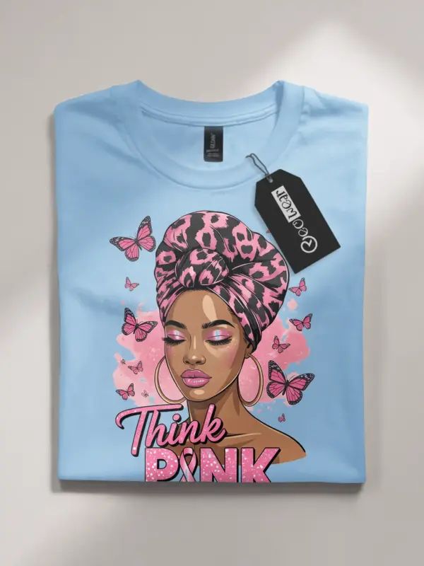 Light Blue Shirt Think Pink Breast Cancer Shirt Folded Detail