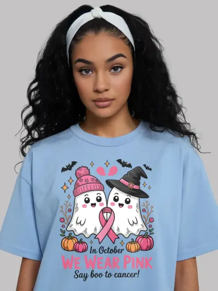 light blue front view – spooky ghost ribbon tee – pink ghost breast cancer shirt