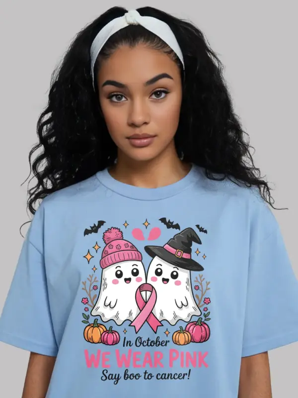 light blue front view – spooky ghost ribbon tee – pink ghost breast cancer shirt