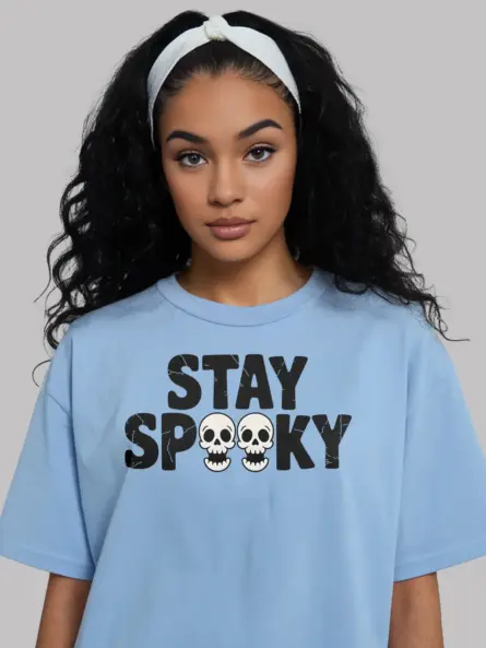 Light Blue lifestyle view – minimalist spooky season t-shirt in light blue