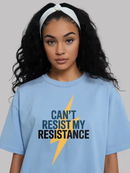 Light Blue Can’t Resist My Resistance Shirt Front – science pun electrician t-shirt with bolt