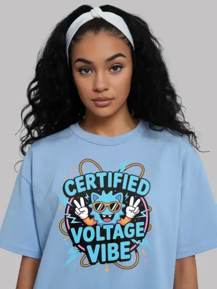 Light Blue Certified Voltage Vibe Shirt Front – funny electrician vibe t-shirt, cartoon character