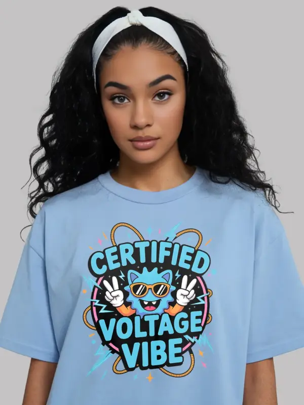 Light Blue Certified Voltage Vibe Shirt Front – funny electrician vibe t-shirt, cartoon character