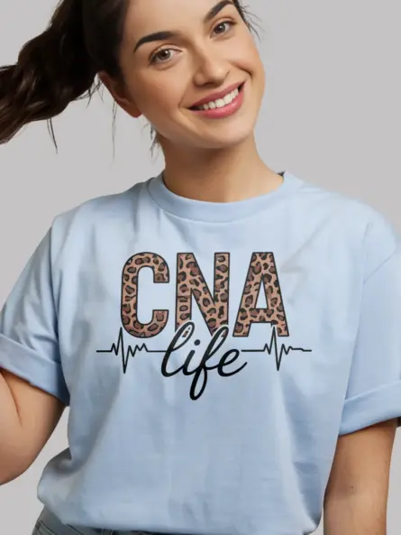 light blue cna life leopard print shirt front view design
