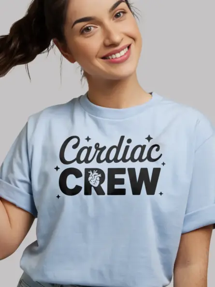 light blue cardiac crew shirt lifestyle image with cardiology team