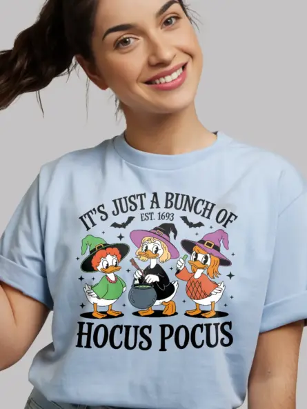 light blue Whimsical Duck Witches on Halloween Parody Shirt