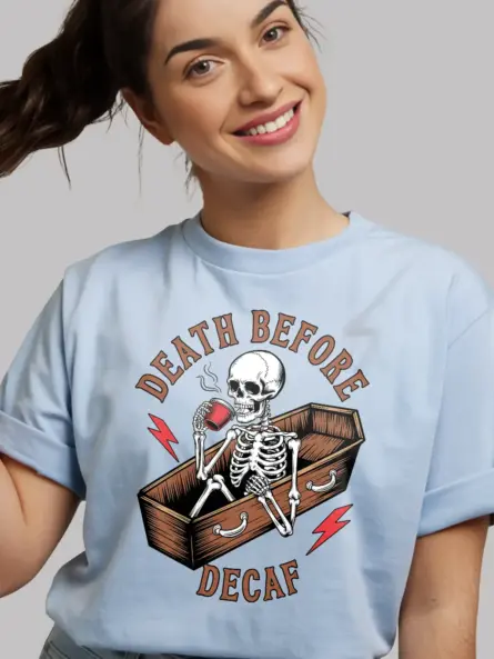 light blue Gothic Skeleton Coffee Tee – death before decaf vintage t-shirt