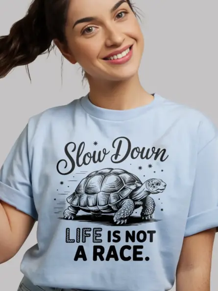 light blue – Slow Down Life Is Not a Race – mindfulness turtle t-shirt