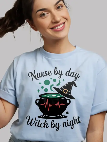 light blue nurse by day witch by night t-shirt nurse halloween tee