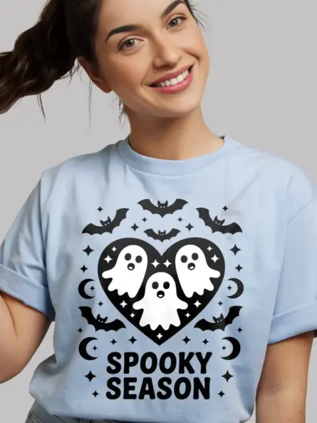 light blue front view – minimalist Halloween ghost heart – spooky season ghost shirt