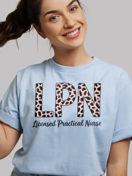 light blue leopard print lpn shirt front