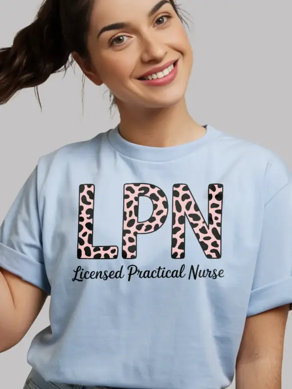 light blue leopard print lpn shirt front