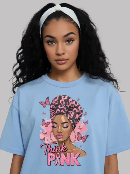 Light Blue Shirt Think Pink Breast Cancer Shirt Front View