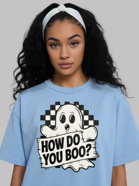 light blue Halloween ghost tee with “How Do You Boo?”
