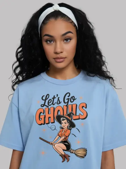 light blue witch tee with Let’s Go Ghouls phrase