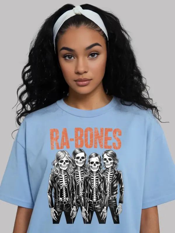 light blue front – vintage punk skeleton band t-shirt RA-BONES design